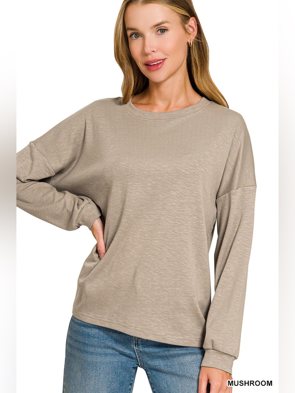 Zenana Mushroom Cotton Modal Spandex Slub Round Neck Long Sleeve Top